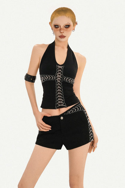 V-Neck Halter Tie-Waist Backless Top and Shorts Set