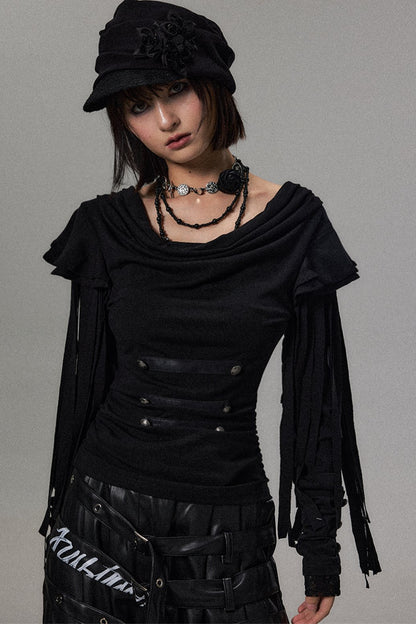 Dark Palace Buttoned Tassel Knit Top
