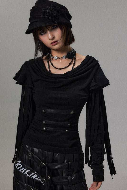 Dark Palace Buttoned Tassel Knit Top
