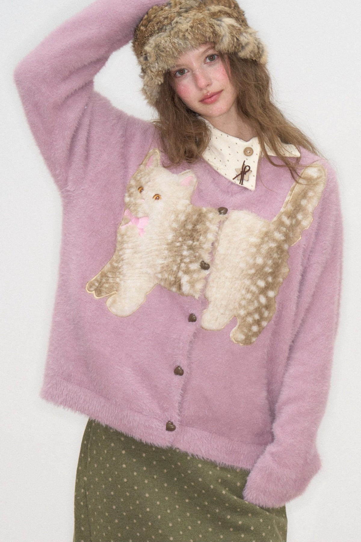 Purple Cat Patch Embroidery Cardigan