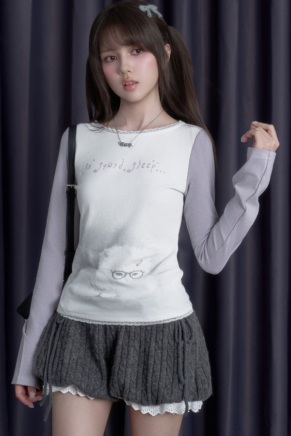 Sleepy Kitten Printed Long-Sleeved T-Shirt