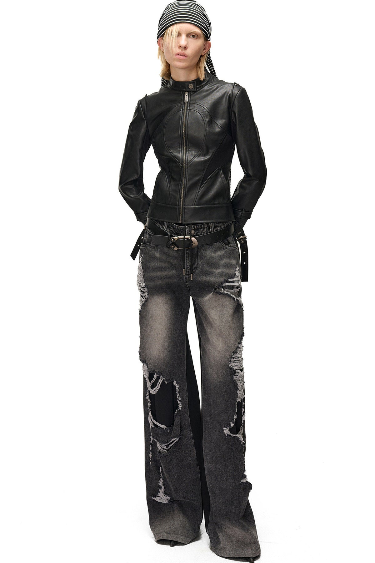 Slim-Fitting Functional Spliced PU Leather Jacket
