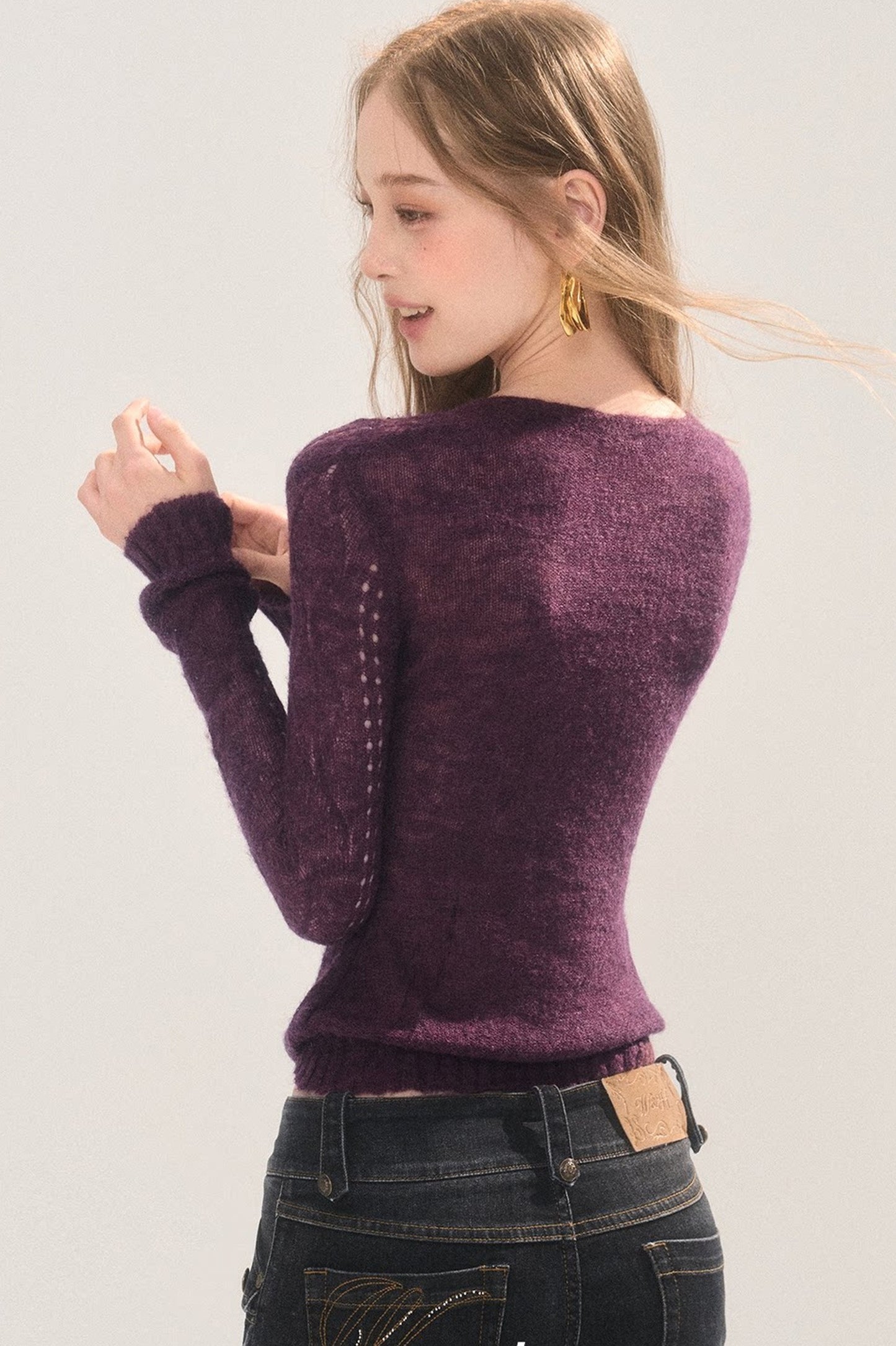 Rhinestone Hollow-Out Knit Cardigan Top