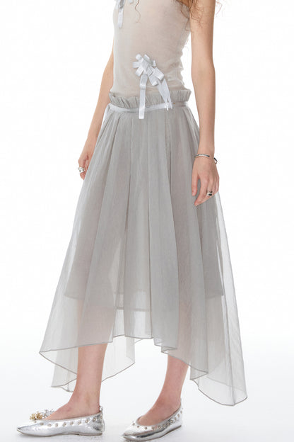 Satin Ribbon Knit Vest & Pleated Skirt Set