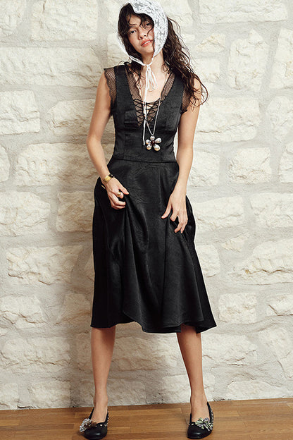 Black Lace Trim Chest Tie Dress