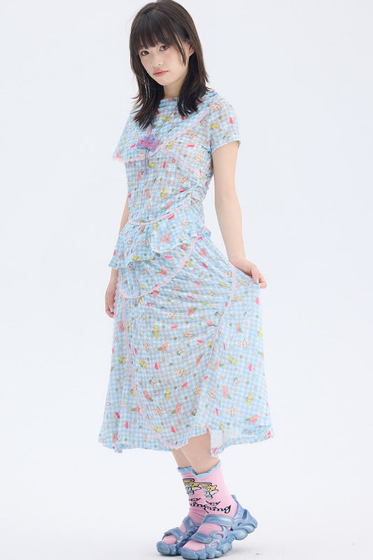 Blue Plaid Bunny Print Lace Top and Skirt Set