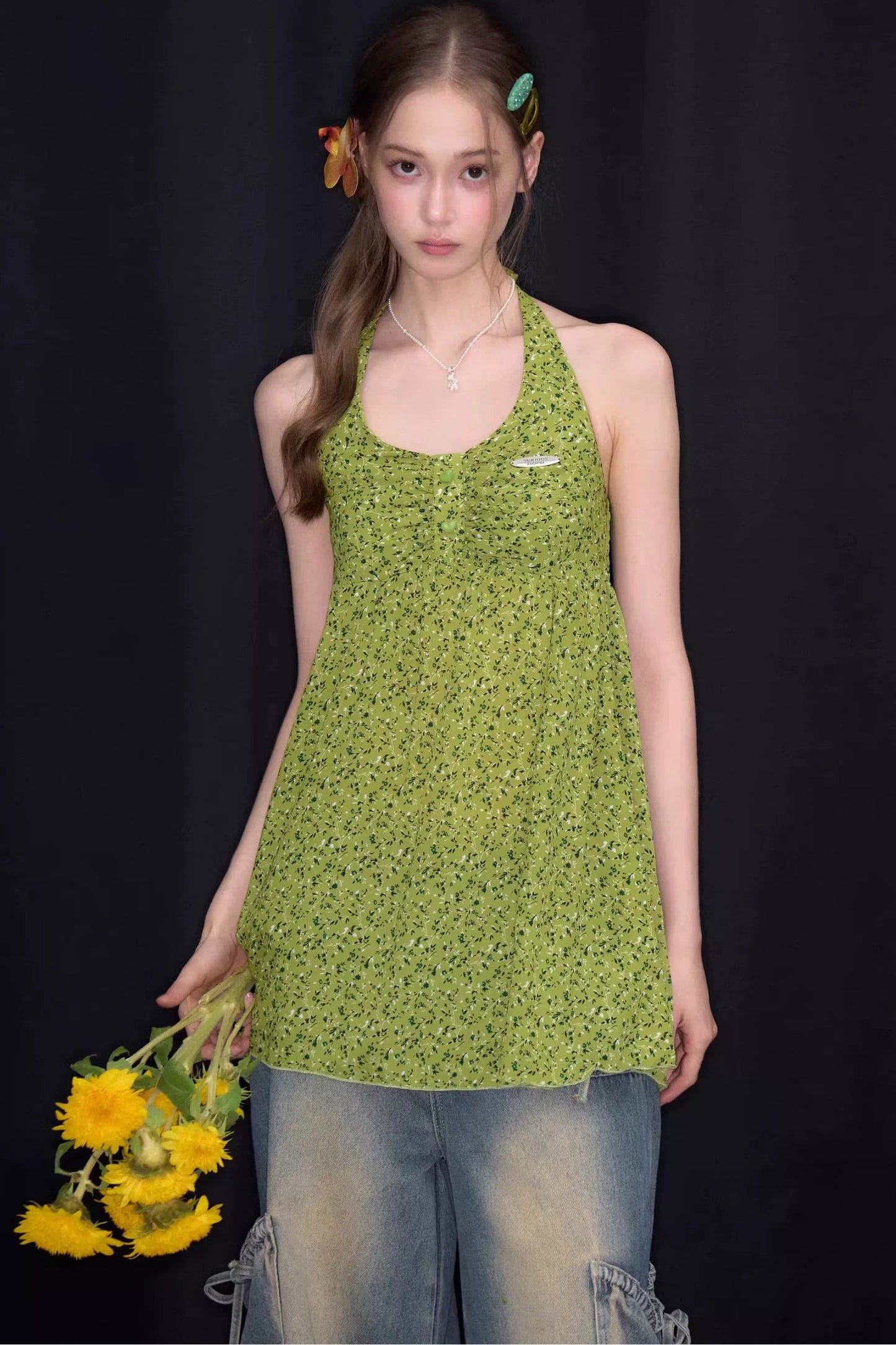 Green Floral Halter Top