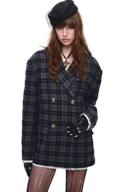Plaid Wool Double Breasted Coat