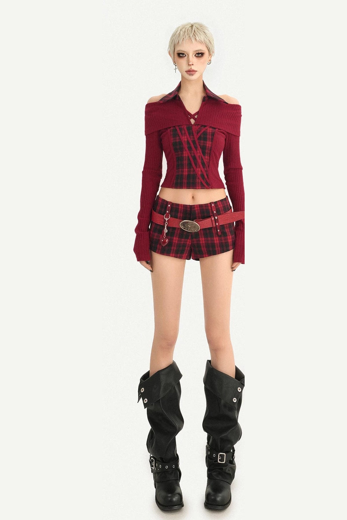 Red Black Off-Shoulder Knit Top and Shorts Set-Up