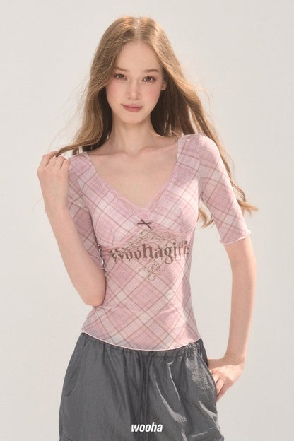 Plaid Mesh Chest Pad Top