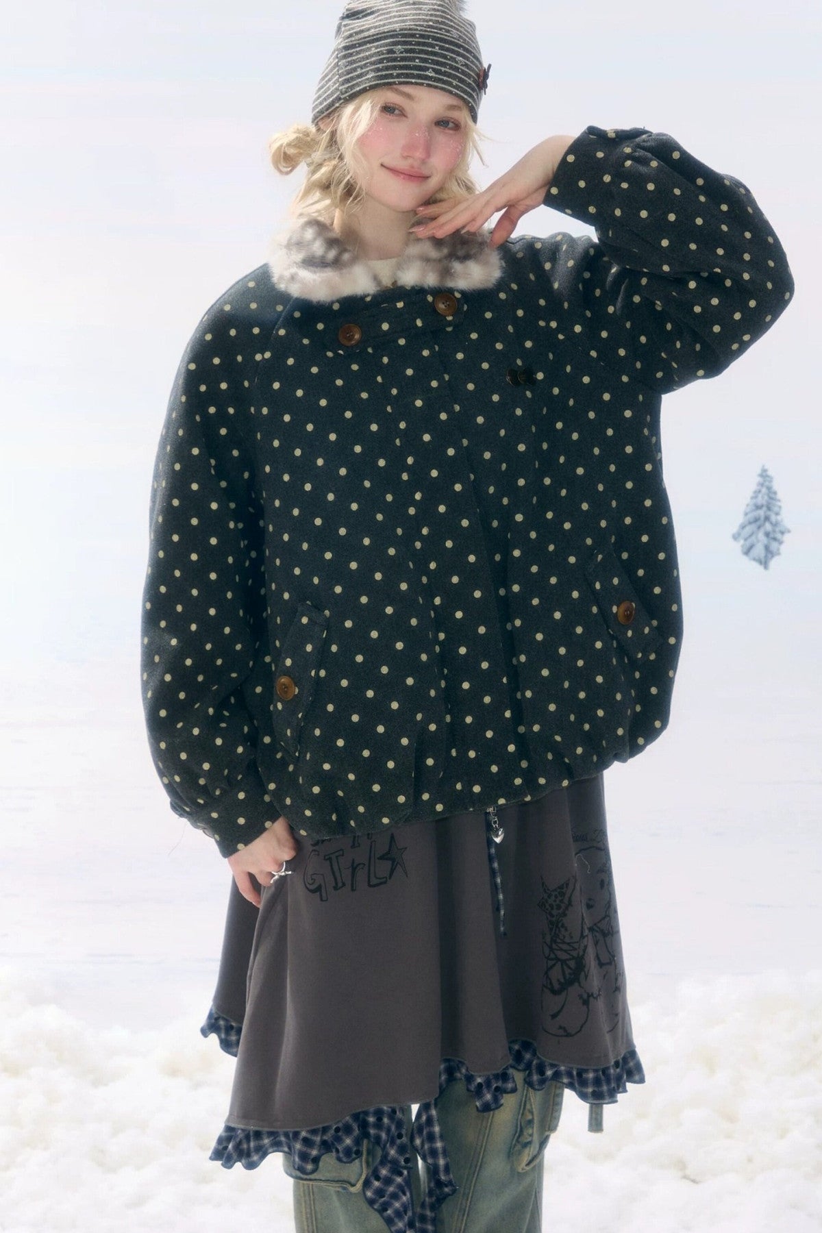 Short Polka Dot Plush Collar Cotton Jacket