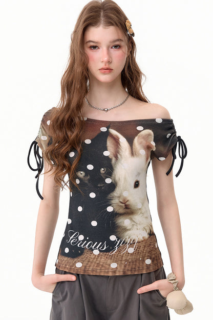 Off-Shoulder-Oberteil mit Kaninchenprint und Bindeband