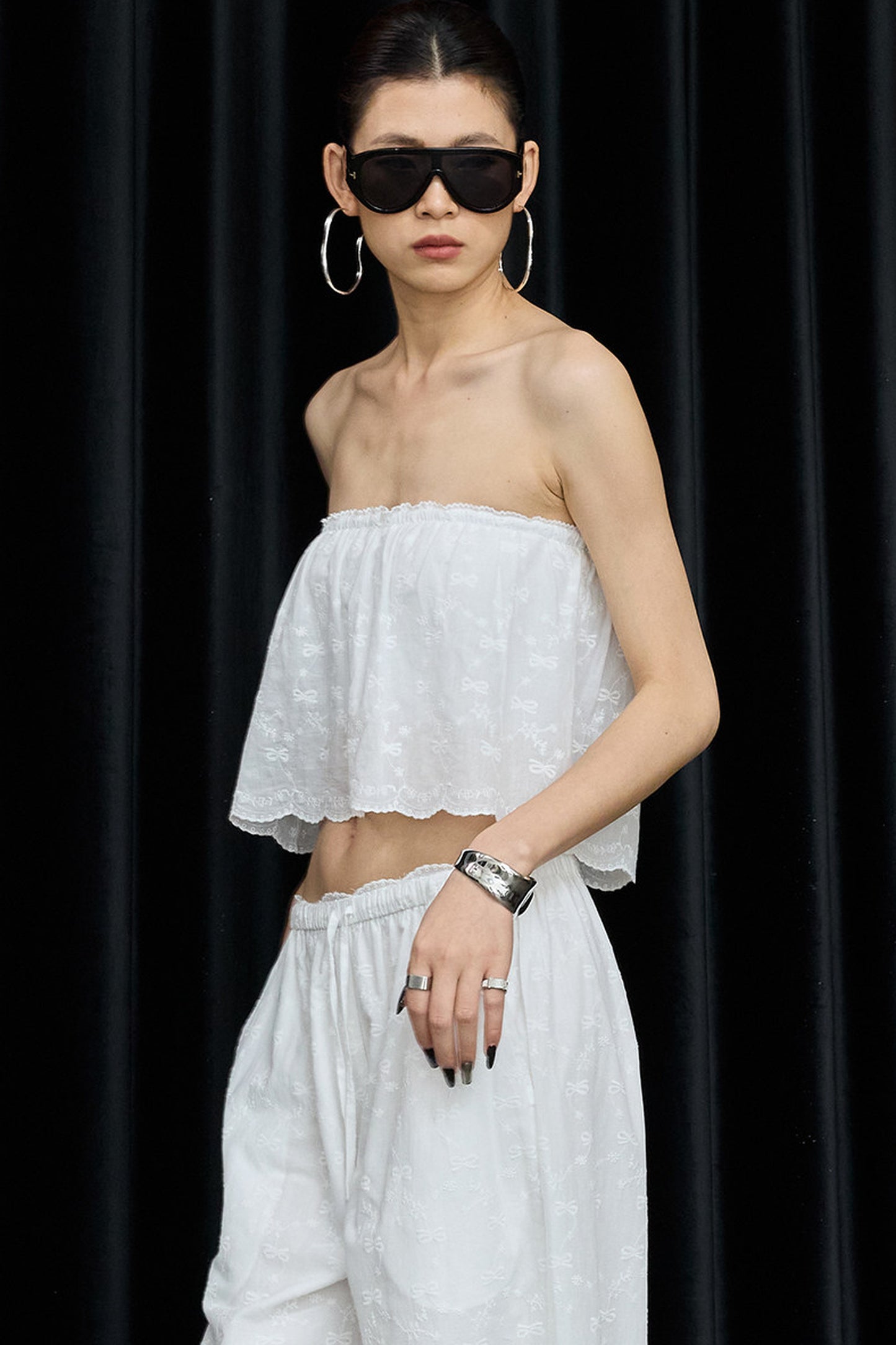 White Cotton Hollow Embroidery Top And Pants Set-Up