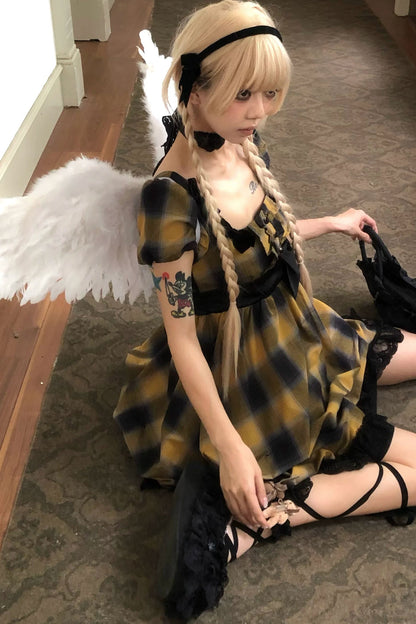 Yellow Plaid Puff Sleeve Dress Set-Up