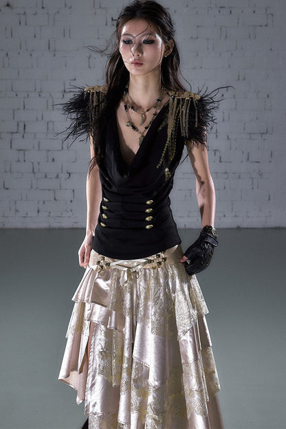 Gold Foil Feather Fringe Vest