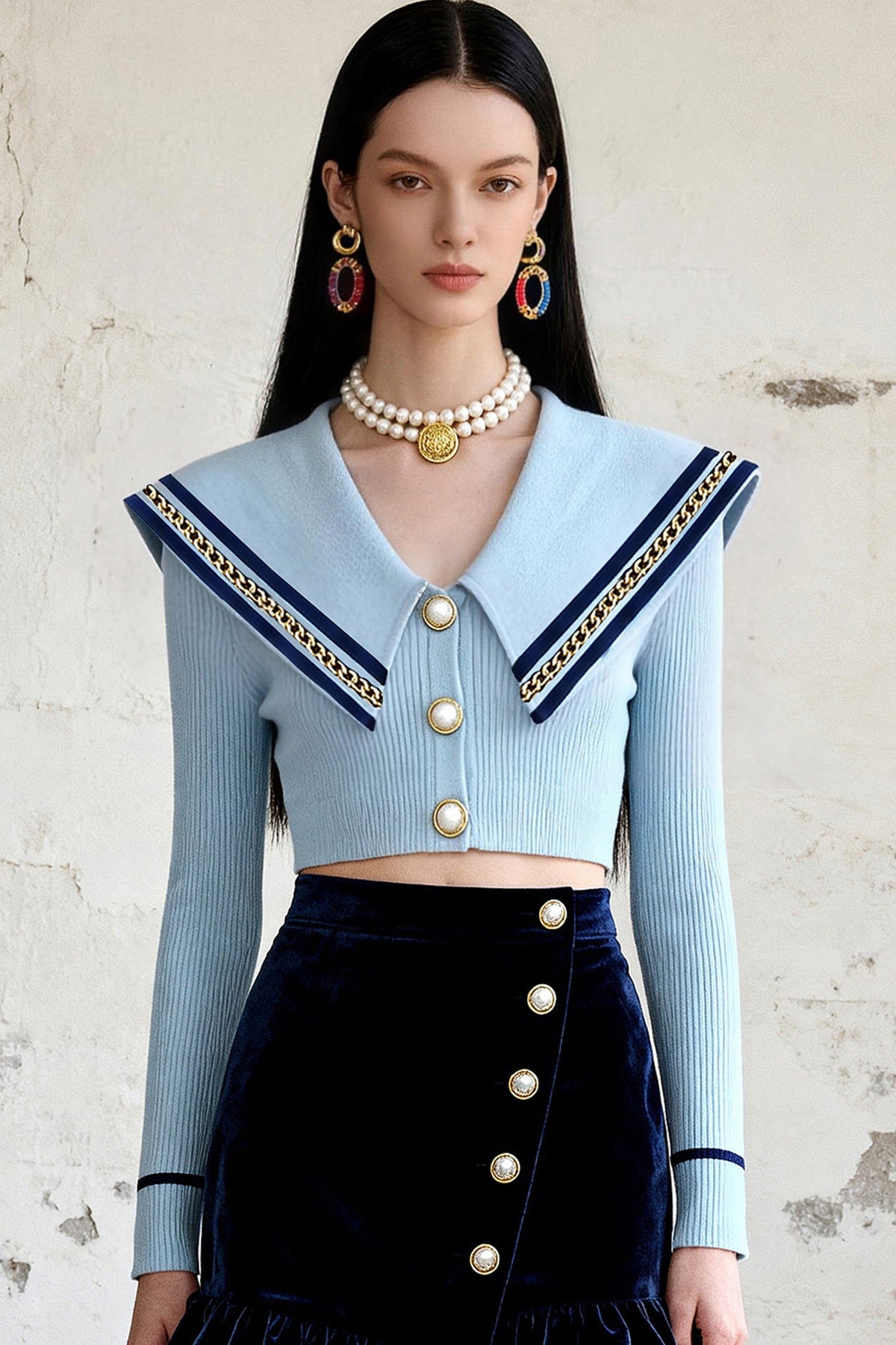 Navy Collar Gold Button Ruffle Skirt Set