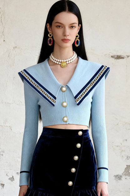 Navy Collar Gold Button Ruffle Skirt Set