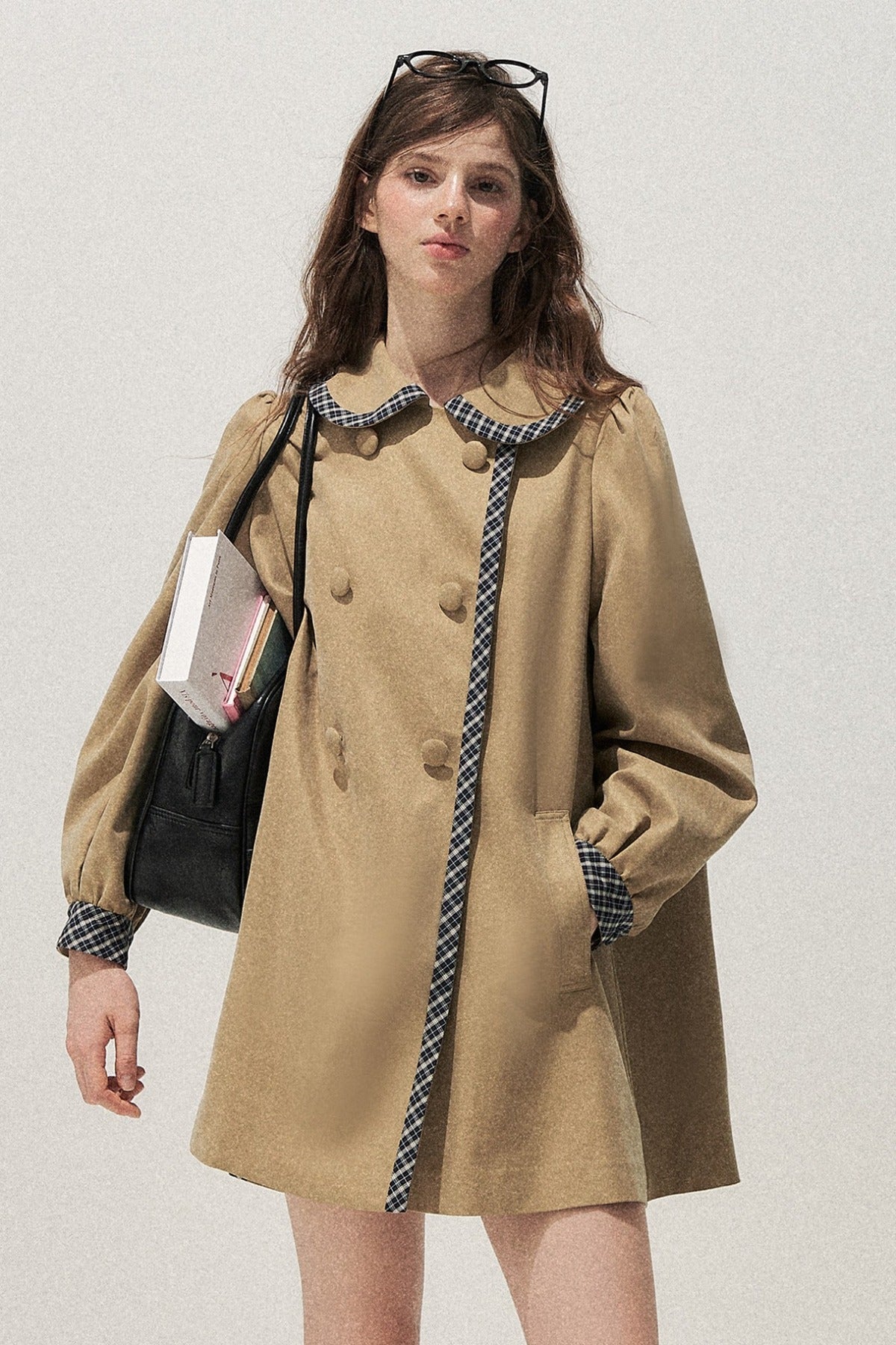 Doll Collar Double-Breasted Plaid Trench Coat