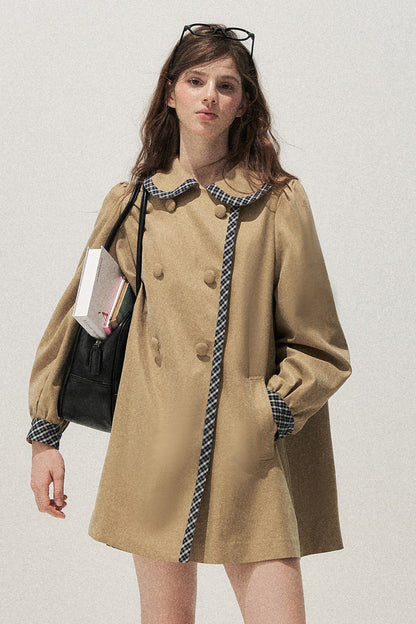 Doll Collar Double-Breasted Plaid Trench Coat