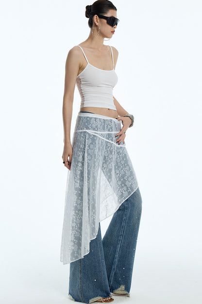 Sheer White Lace Side Ruffle Skirt