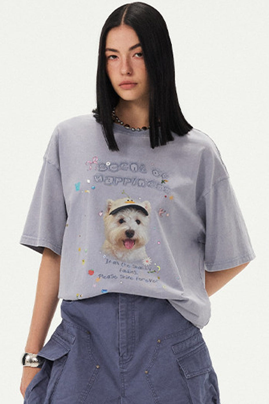 Rhinestone Cartoon Dog Drop Shoulder T-Shirt