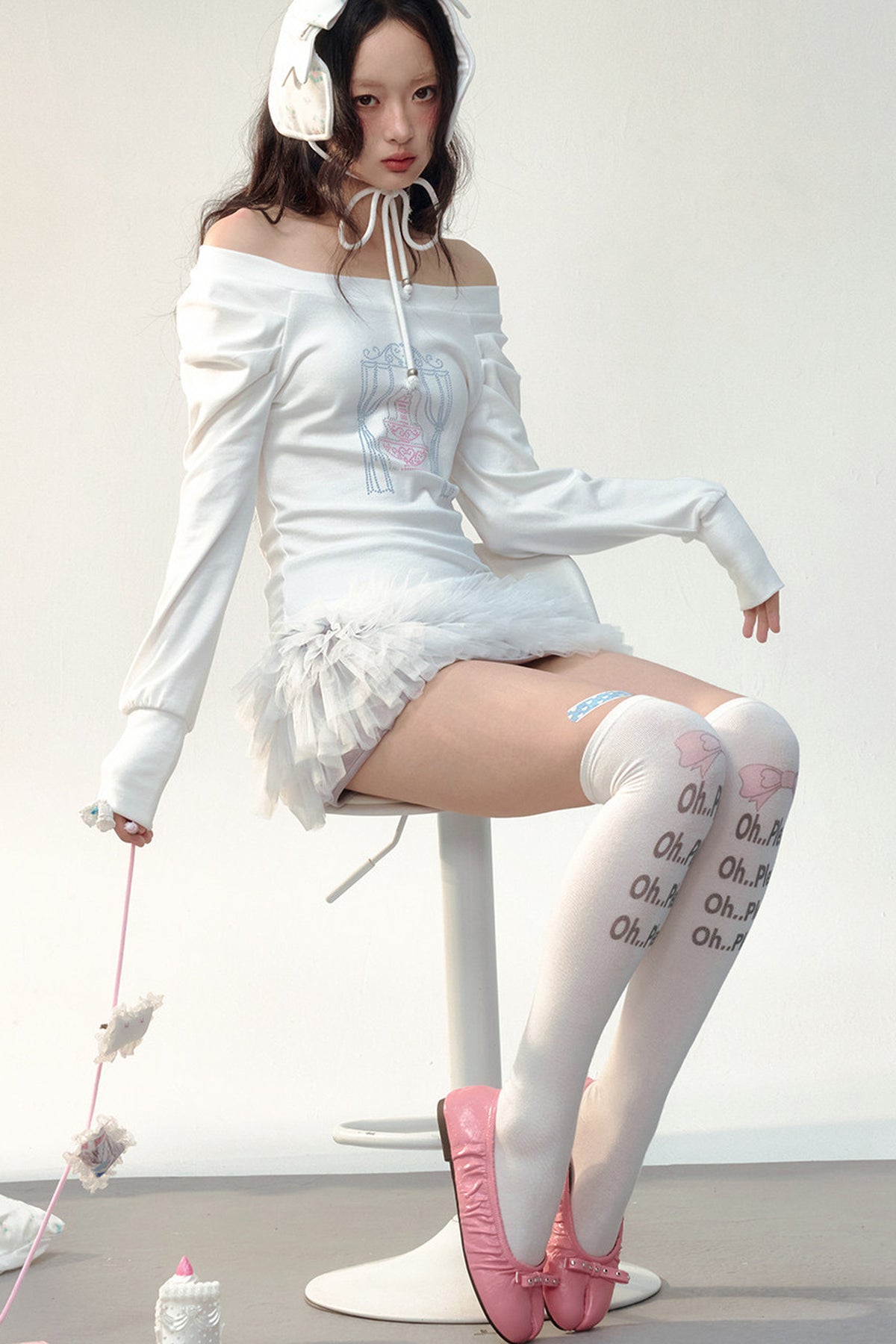 컬러 블록 라인스톤 긴소매 티셔츠