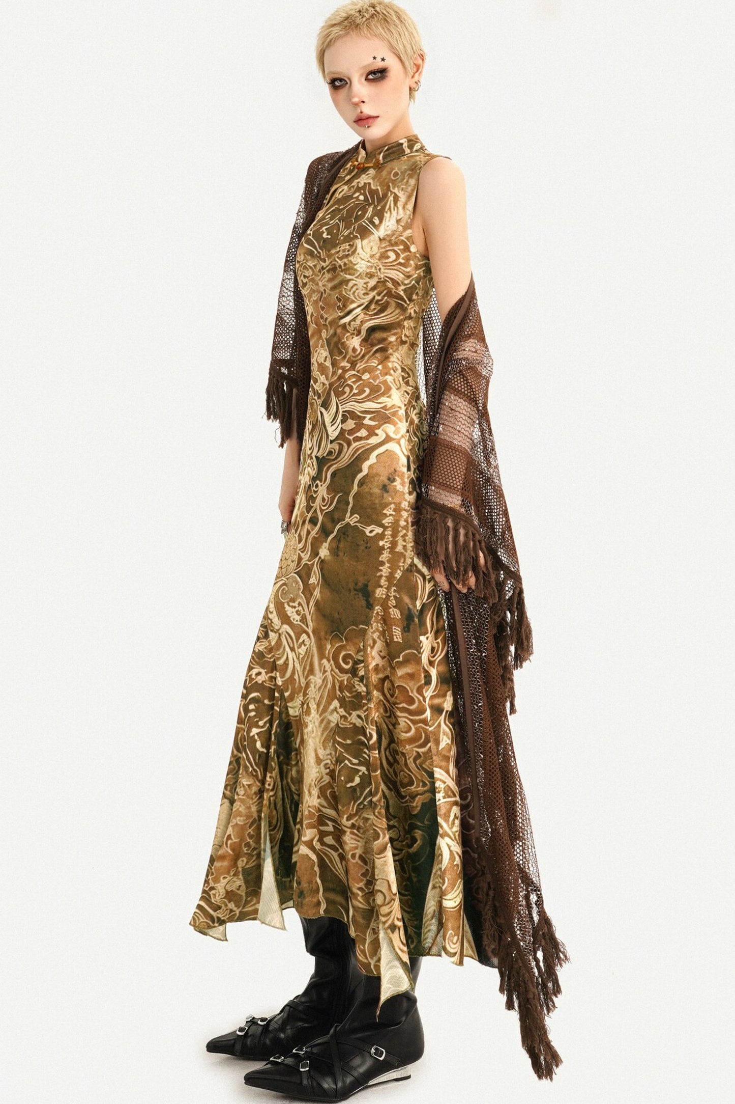 Luxurious Sleeveless Gold Cheongsam Fishtail Dress