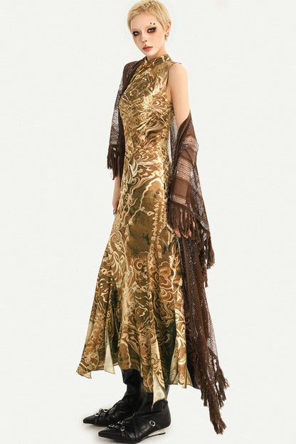 Luxurious Sleeveless Gold Cheongsam Fishtail Dress