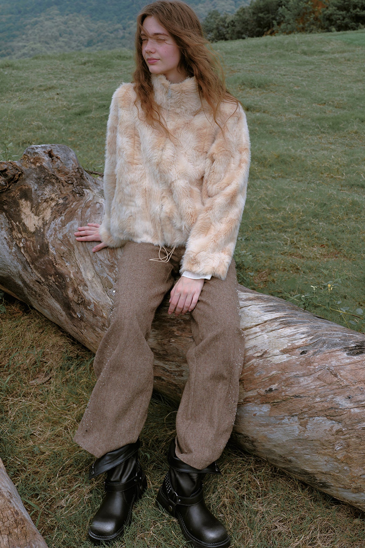High-Waisted Loose Beaded Patchwork Wool Tweed Pants