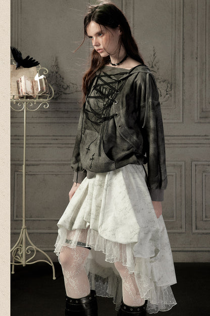 Distressed Drawstring Cross Print Hooded Pullover Sweatshirt