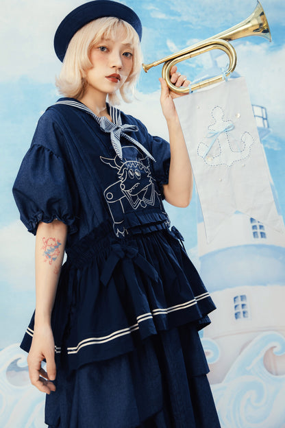 Layered-Look Wolf Embroidery Plaid Apron Dress
