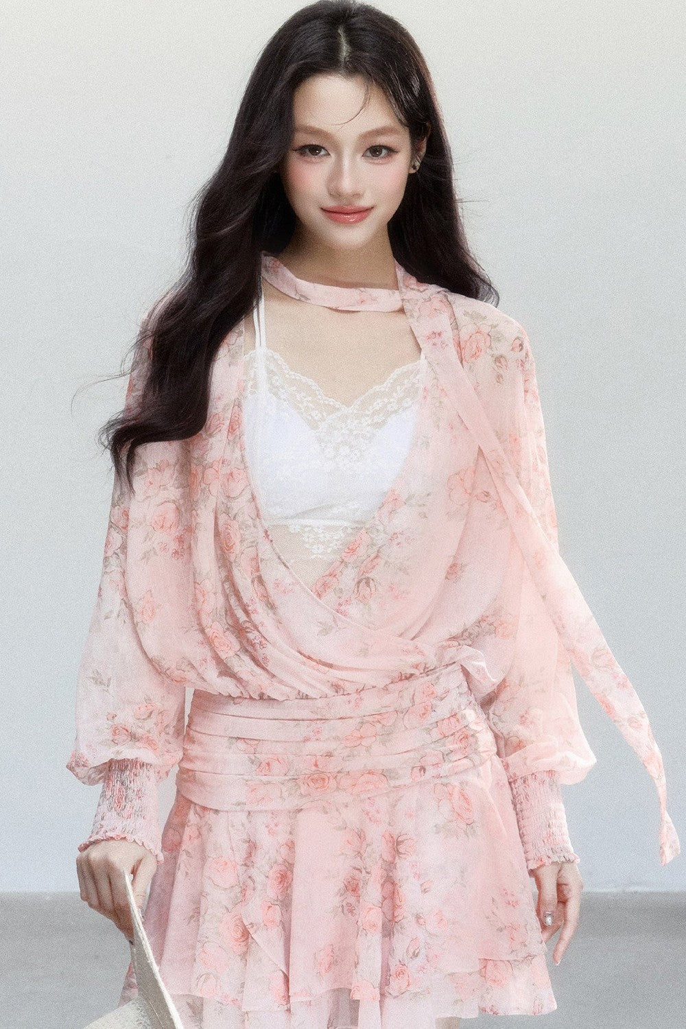 Completo Abito Floreale in Chiffon Rosa