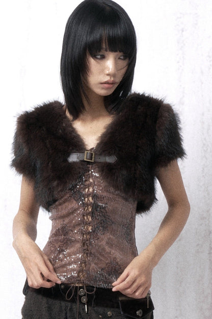 Heavy Sequin Embroidery Camisole and Fur Vest Set-Up