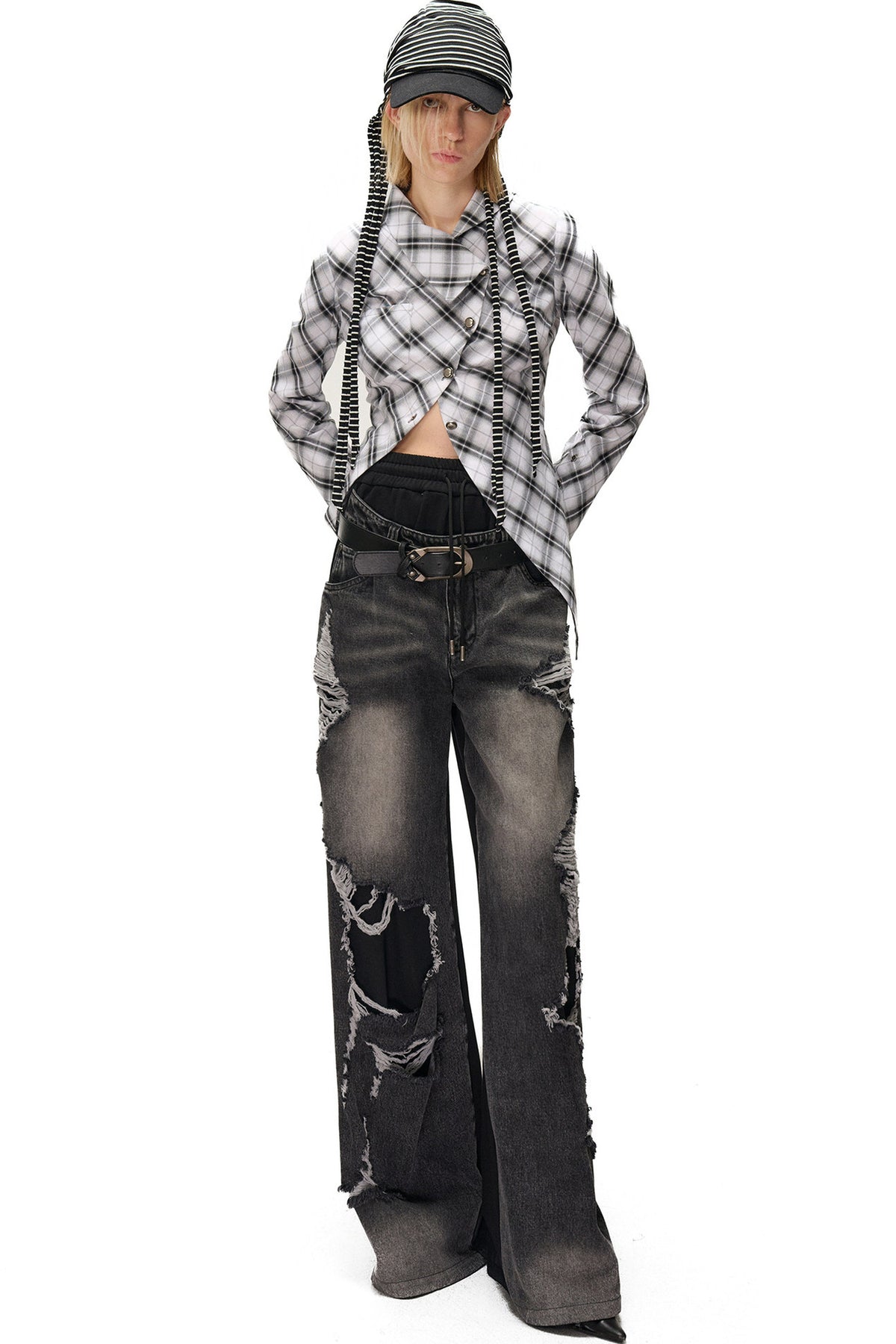 Irregular Plaid Layered-Look Multi-Wear Shirt