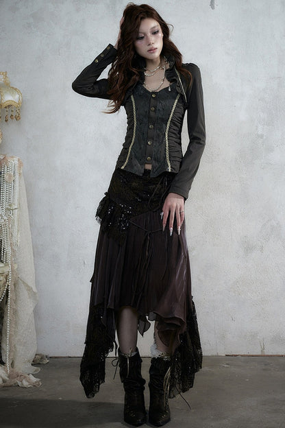 Lace Patchwork Ruched Layered-Look Shirt
