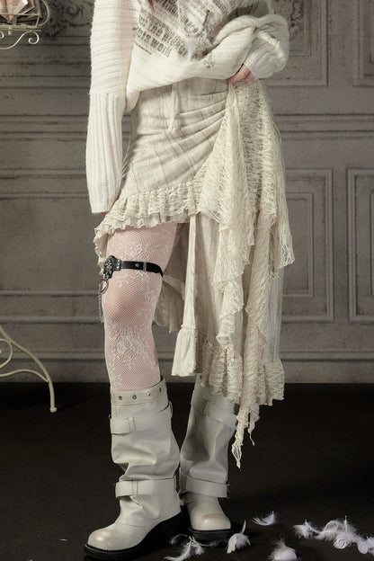 Beige Asymmetrical Lace Spliced Skirt