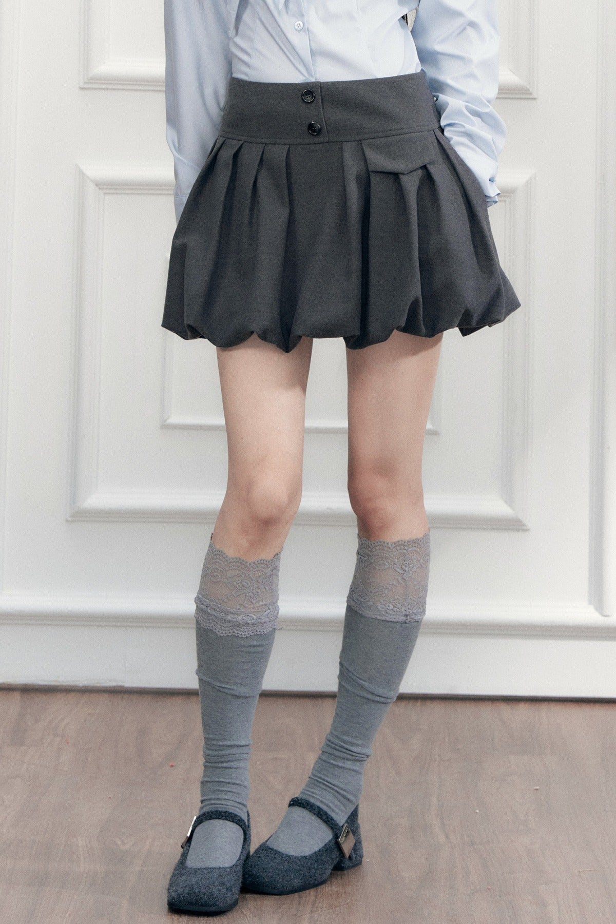 A-Line Pleated Pocket Bud Waist Skirt