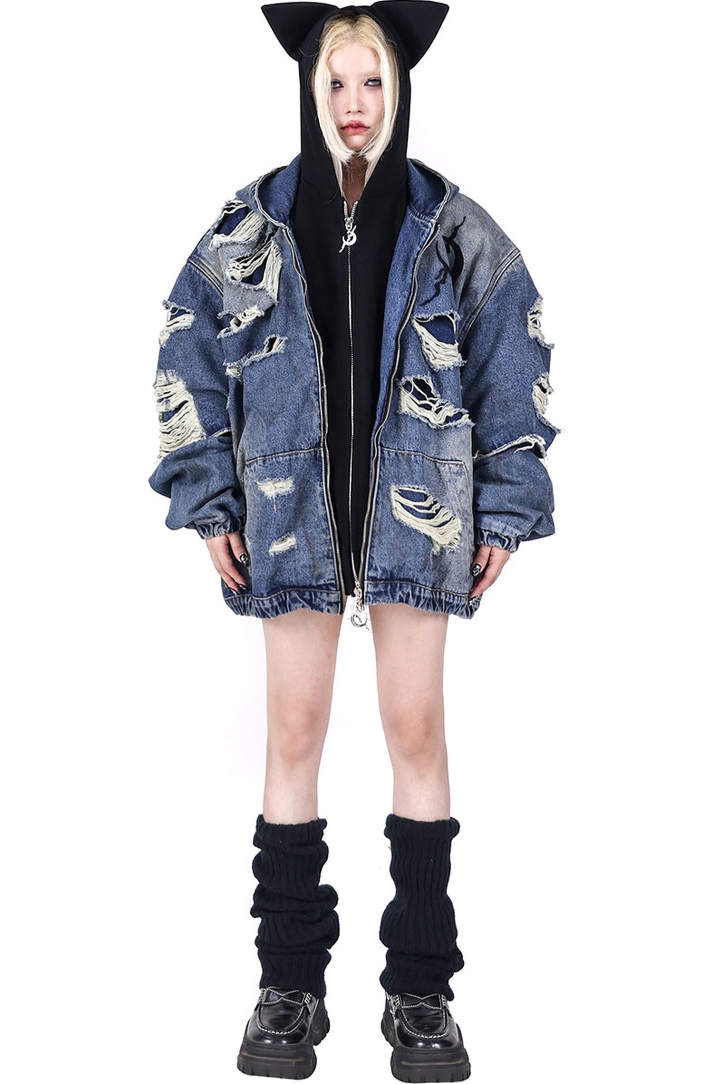 Cat Ear Double Zipper Hooded Jacket