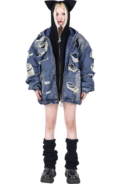 Cat Ear Double Zipper Hooded Jacket