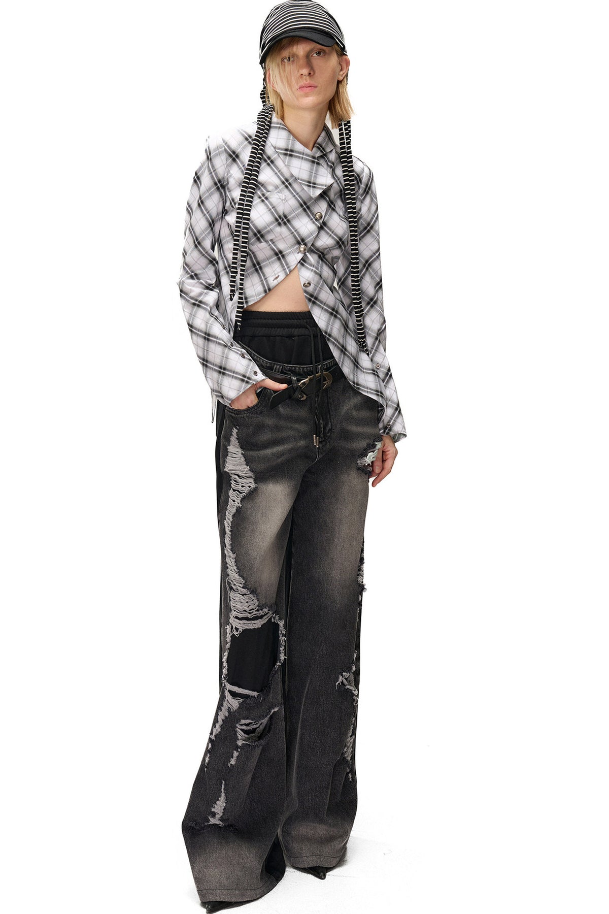 Irregular Plaid Layered-Look Multi-Wear Shirt