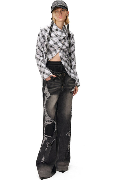 Irregular Plaid Layered-Look Multi-Wear Shirt