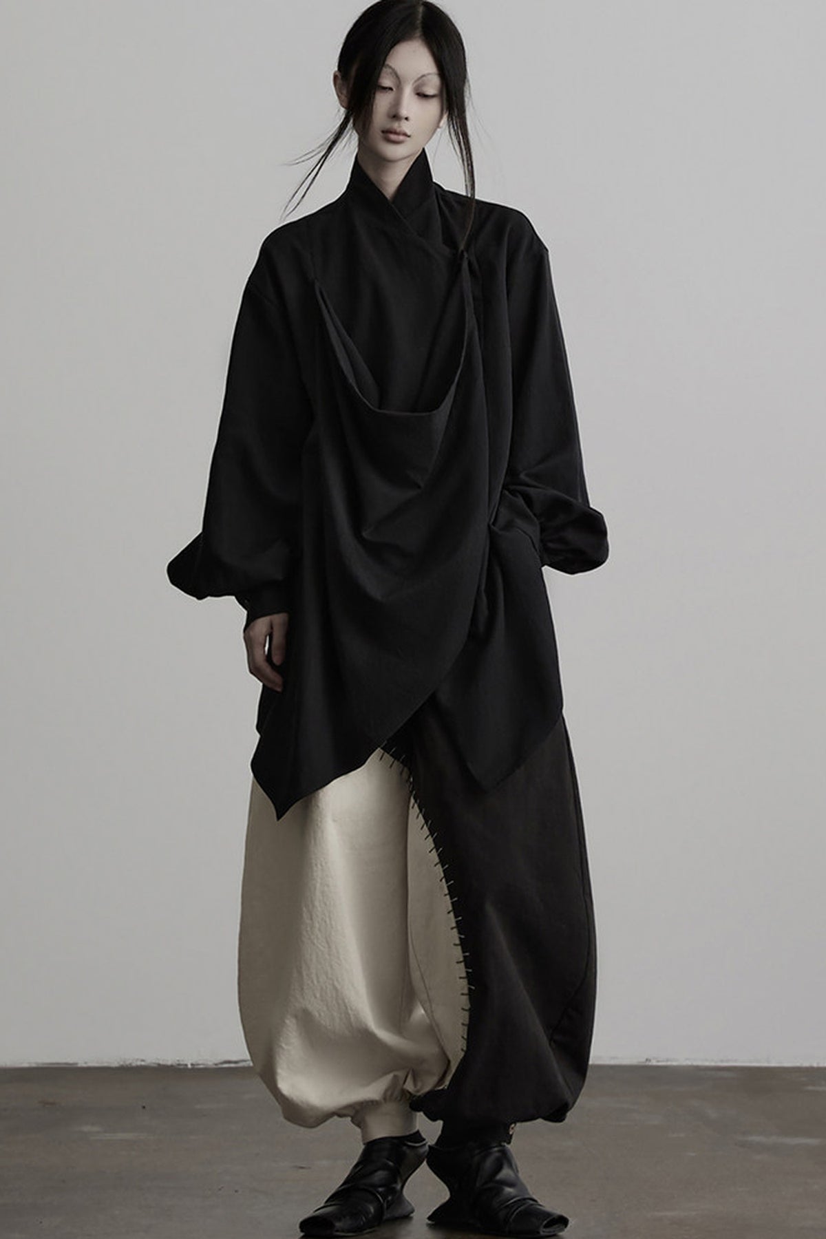 Dark New Chinese Style Draped Pleated Shirt