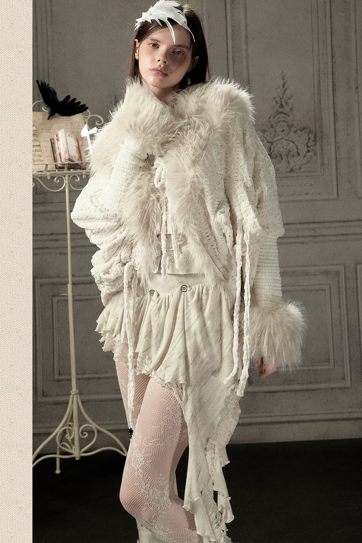 Beige Fur Collar Batwing Knit Jacket