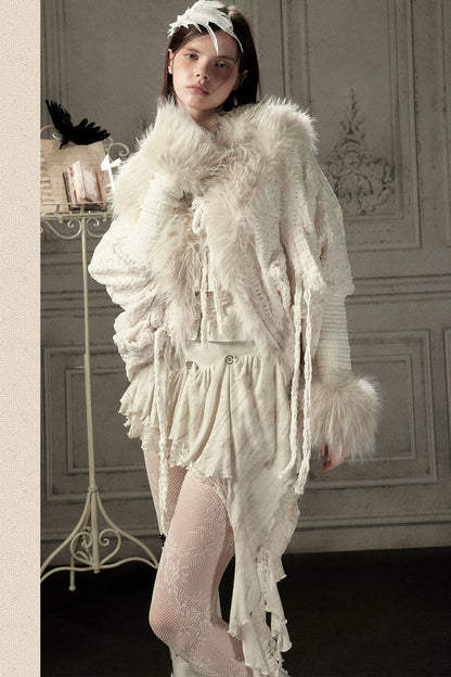 Beige Fur Collar Batwing Knit Jacket