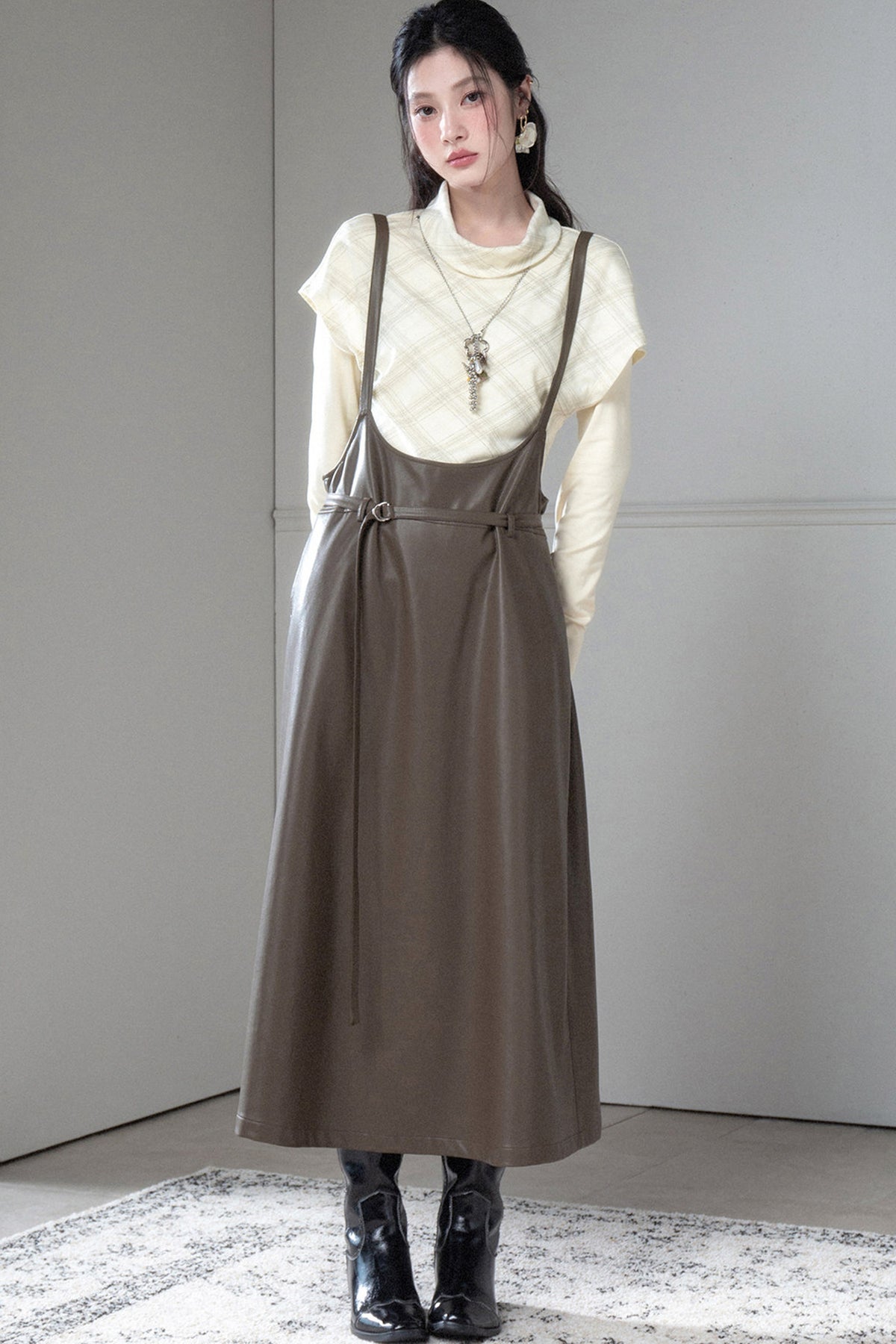Soft Protein Leather Suspender Dress