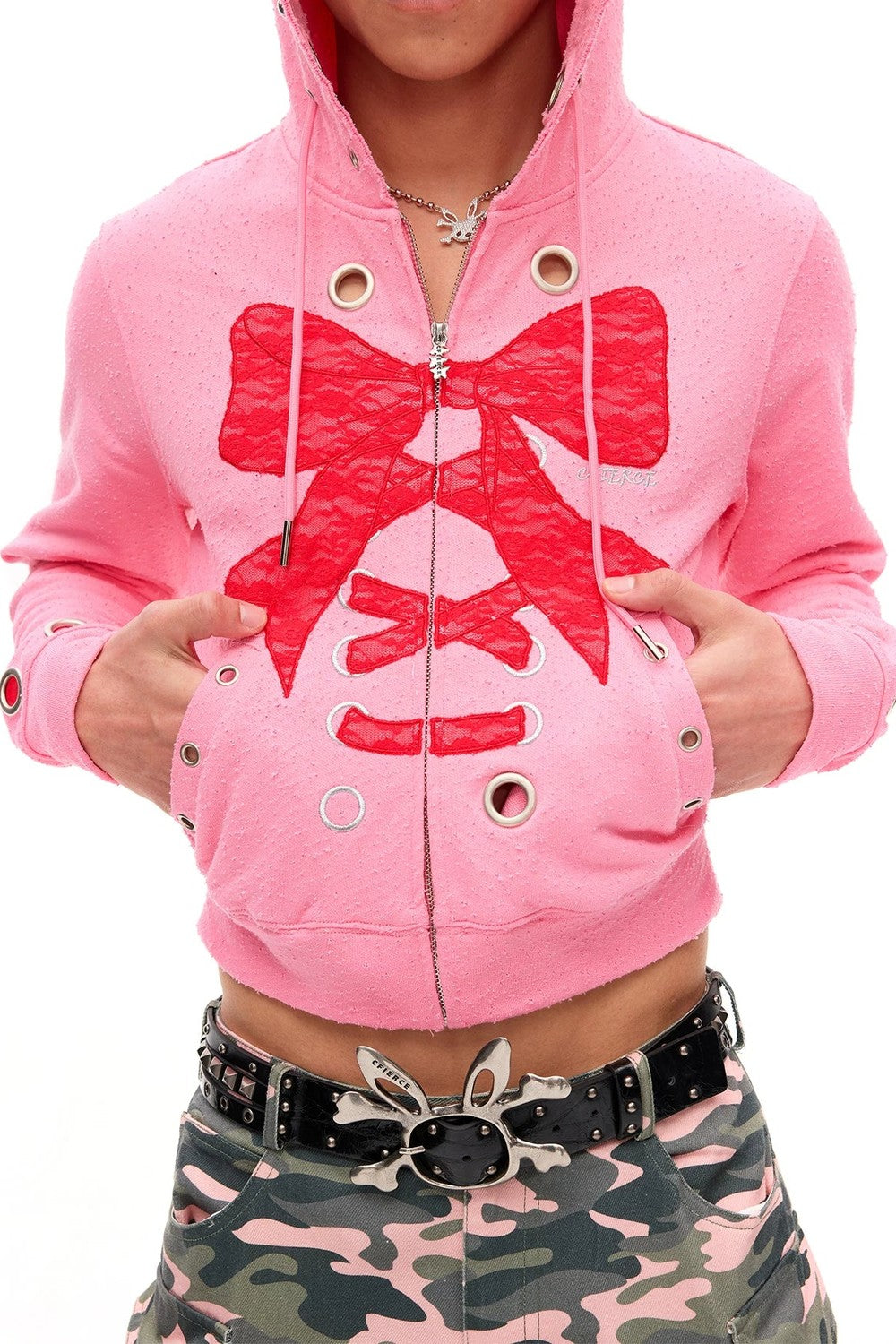 Distressed Lace Bow Hoodie