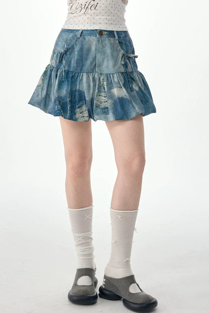 Distressed Puffy Denim Mini Skirt
