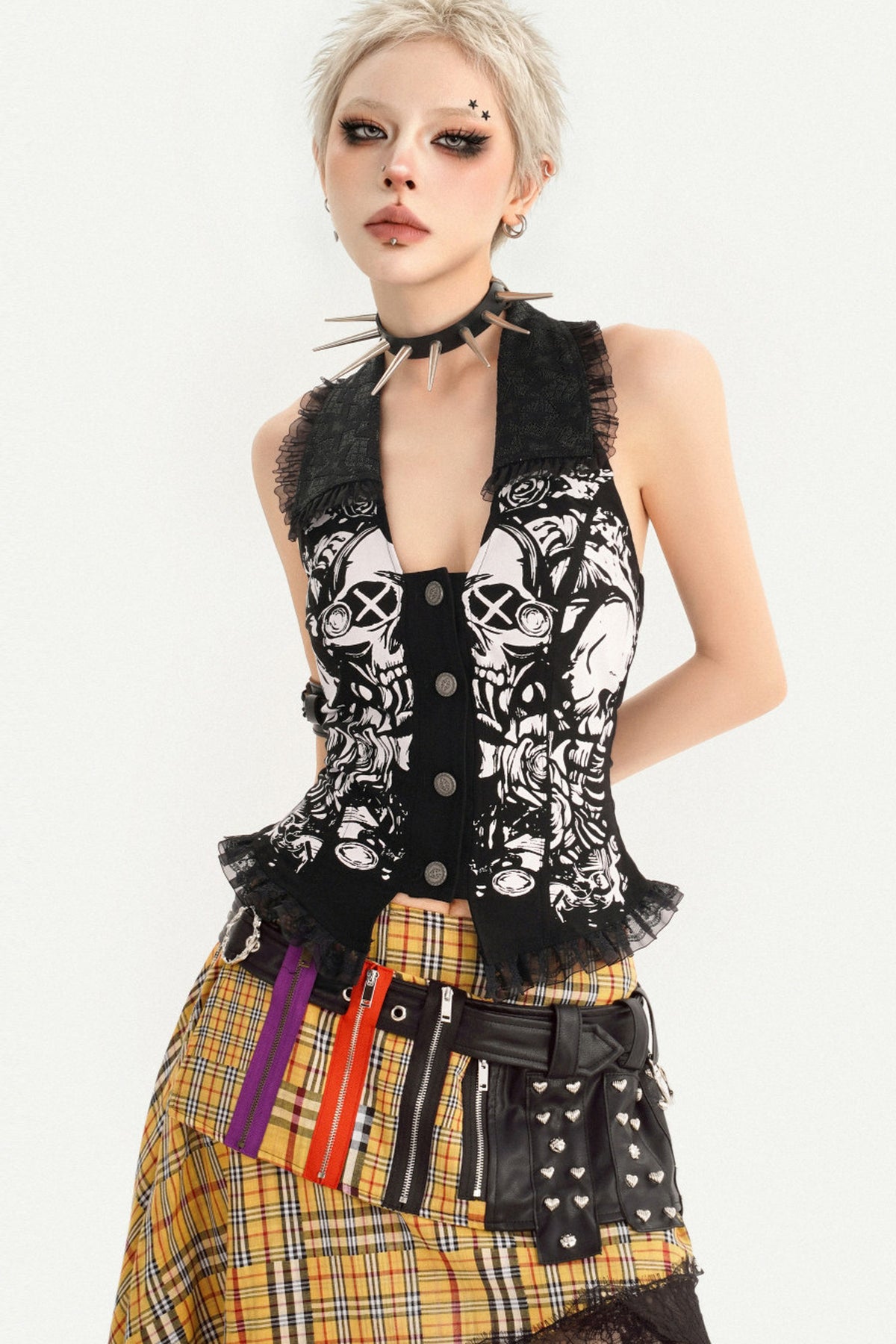 Punk Skull Print Top and Plaid Skirt Set-Up