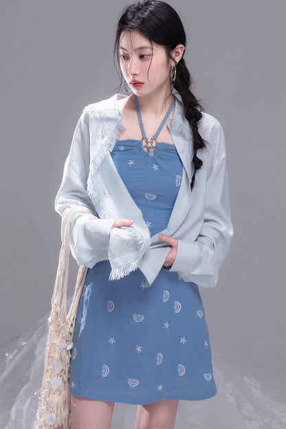 Star Mist Blue Tassel Lace Blouse