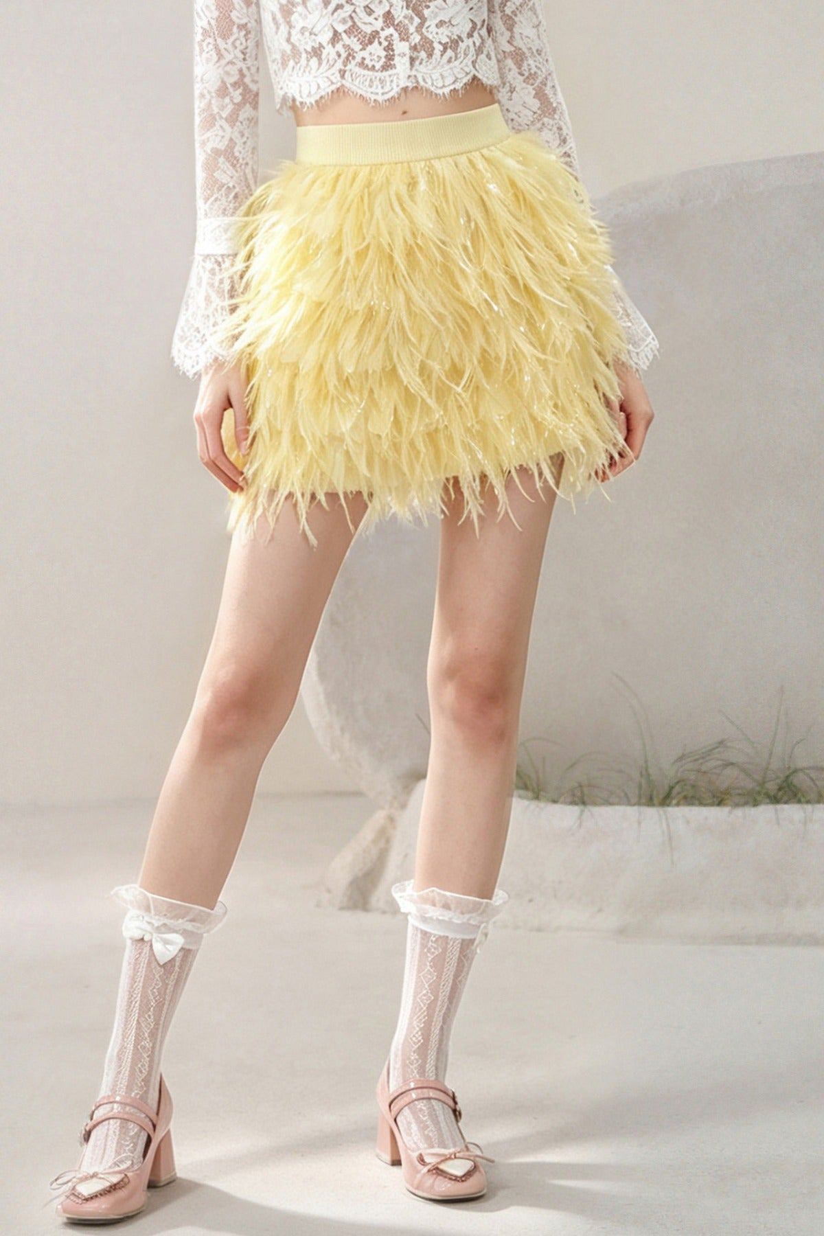 Lemon Yellow Feather A-Line Skirt